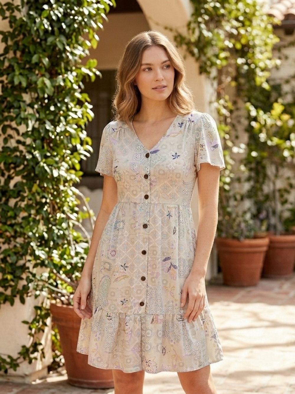 Monteau Los Angeles Patchwork Floral Button Front Boho Dress
